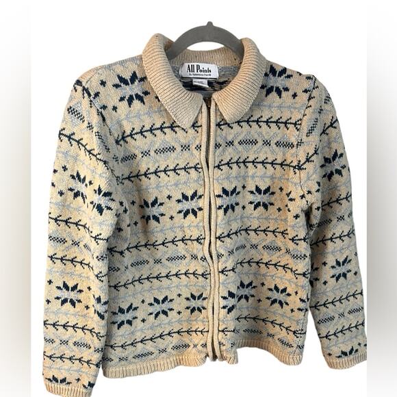 Vintage All Points Women’s Fair Isle Collared Zip Cardigan Large Ramie - Picture 1 of 9